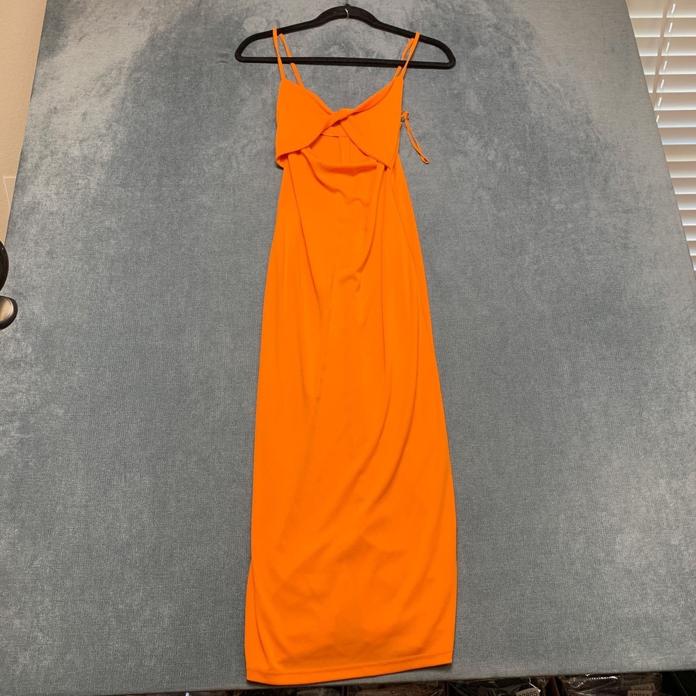 Zara Bodycon Dress Womens S Orange Twisted Bodice Cut Out Front Spaghetti Strap